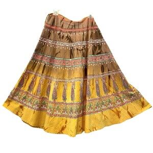 Southwestern Indian Aztec Sequins Boho Midi Full Skirt Earth Tones Zipper Large